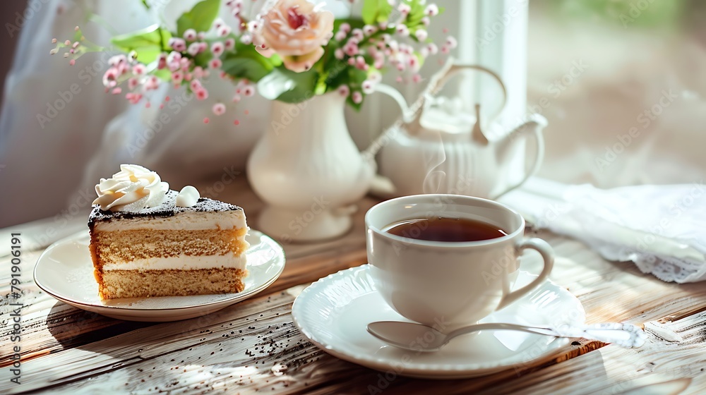 Coffee with Cake and tea set on a table Coffee with Cake and tea set on a table