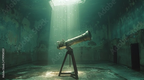 Solitary antique telescope in a derelict building bathed in sunbeams photo