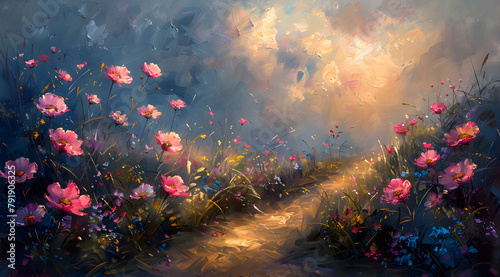 Captivating Floral Journey: Dreamy Oil Painting of Meandering Path in Soft Pastels photo