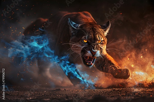 Beautiful big puma with fire on black background. Wildlife scene. Angry big cat in fiery ambience. 