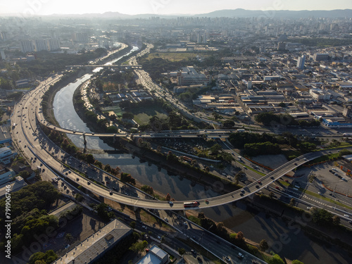 Photography Incredible sunset in the city of São Paulo, a megalopolis with an aerial image above the Tietê River