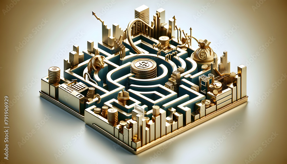 Abstract Gold Trading Labyrinth: 3D Icon for Financial Wallpaper Concept
