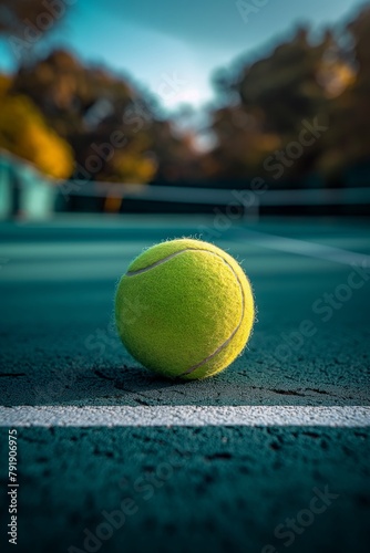 Morning light caresses a tennis ball on a serene blue court, inviting play © Darya Lavinskaya
