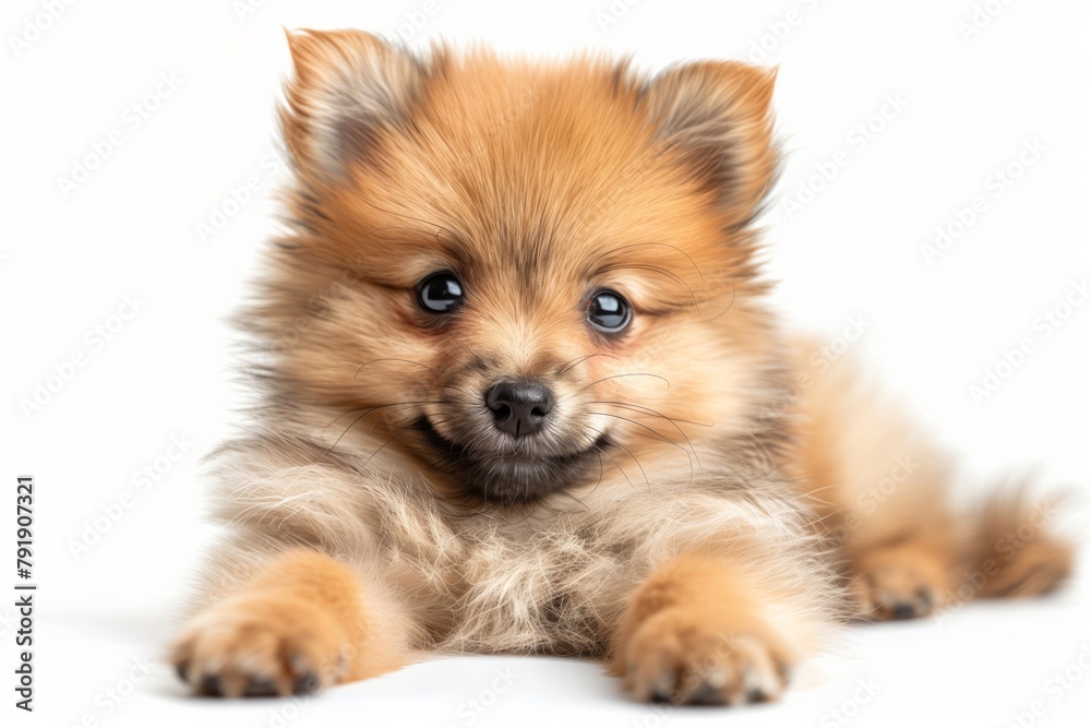 Happy Pomeranian Spitz puppy, isolated on white background