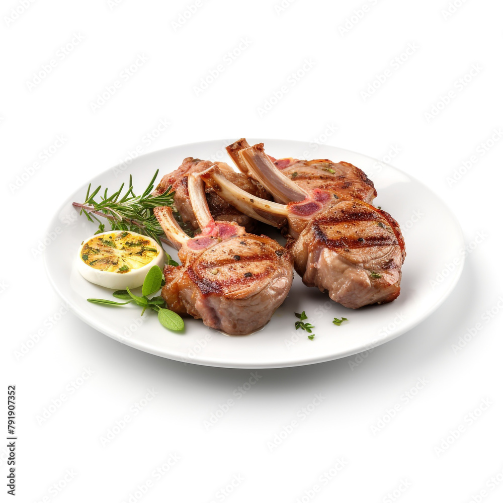white plate with delicious cooked steak meat сreated with Generative Ai