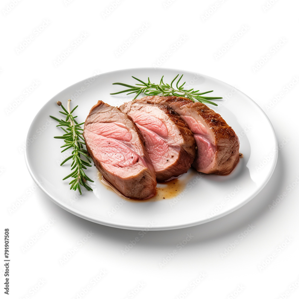 white plate with delicious cooked steak meat сreated with Generative Ai white plate with delicious cooked steak meat сreated with Generative Ai