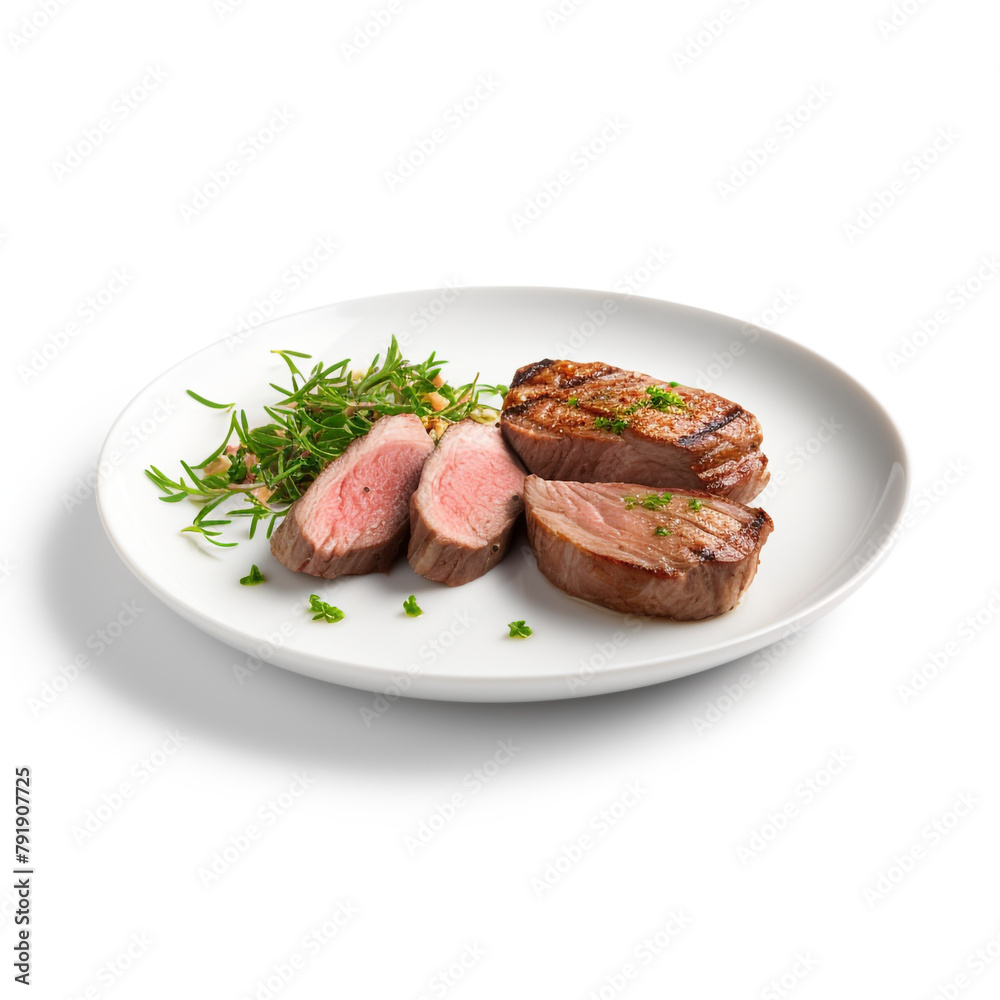 white plate with delicious cooked steak meat сreated with Generative Ai white plate with delicious cooked steak meat сreated with Generative Ai