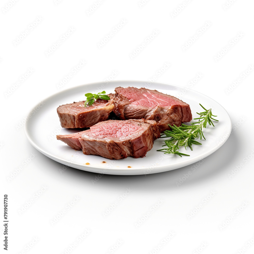 white plate with delicious cooked steak meat сreated with Generative Ai