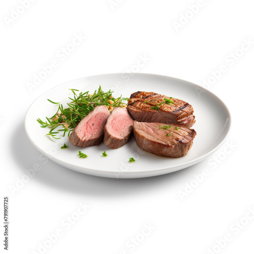 white plate with delicious cooked steak meat сreated with Generative Ai