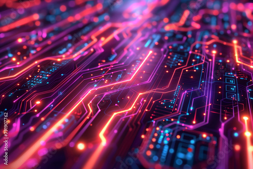 Abstract visualization of digital connectivity with circuit patterns and neon lights, Technology background