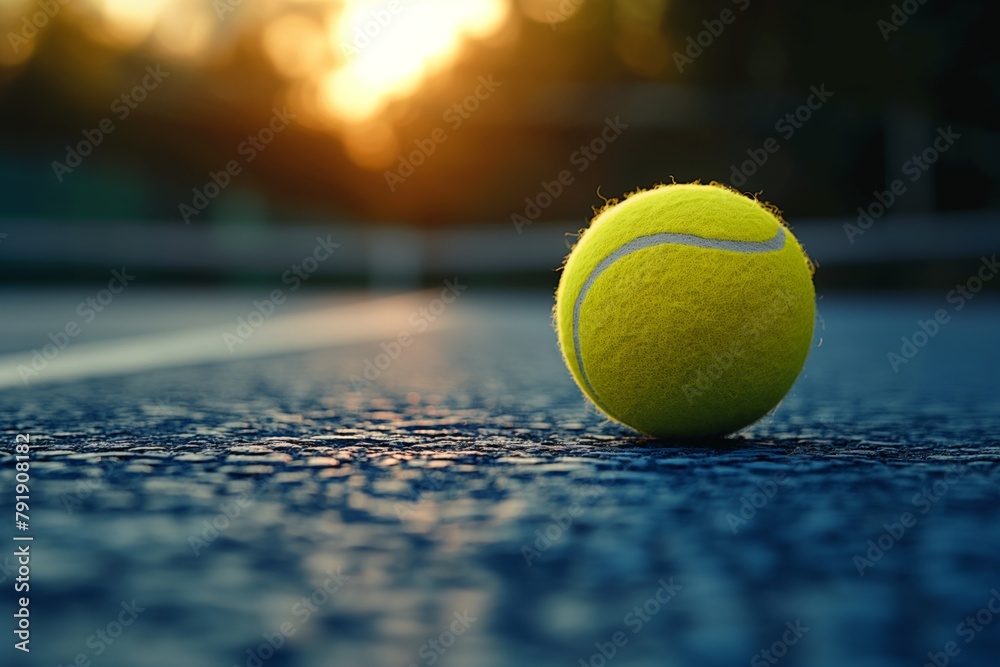 Tennis ball on court at sunset, with warm backlight