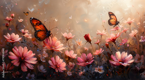 Misty Morning Melody: Oil Painting Depicting Delicate Butterflies Among Morning Dew and Flowers