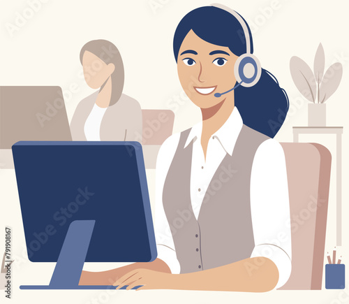 Customer service. Woman with headphones and microphone. Concept illustration for support, call center.