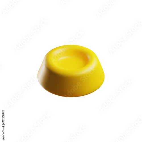 Yellow empty pet bowl 3D vector icon, pet care accessory, clean feed bowl for cat and dog, domestic animal eating plate