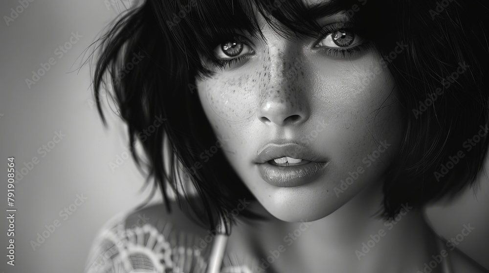 Woman with freckled hair in black and white Woman with freckled hair in black and white