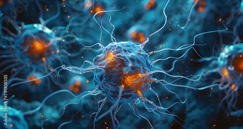The image depicts active nerve cells sending signals, representing the communication and electrical activity within the brain. It is relevant for medical, scientific, and educational usage. photo