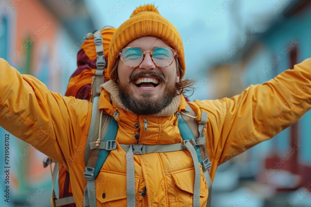 Obraz premium Portrait of a happy young man with a beard and mustache in a yellow jacket with a backpack on his back.