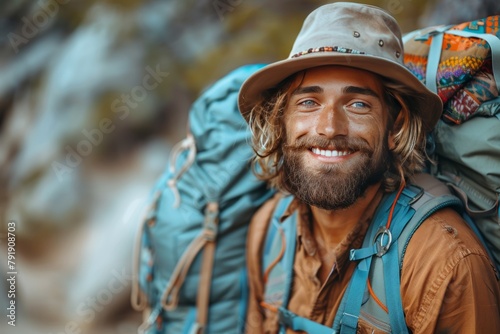 Handsome young man with a beard and hat is smiling while hiking in the mountains