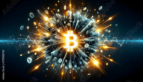 How Blockchain Exploded: Abstract Elements Representing Bitcoin's Post-Halving Potential - Bitcoin Halving Abstract Wallpaper Stock Concept photo