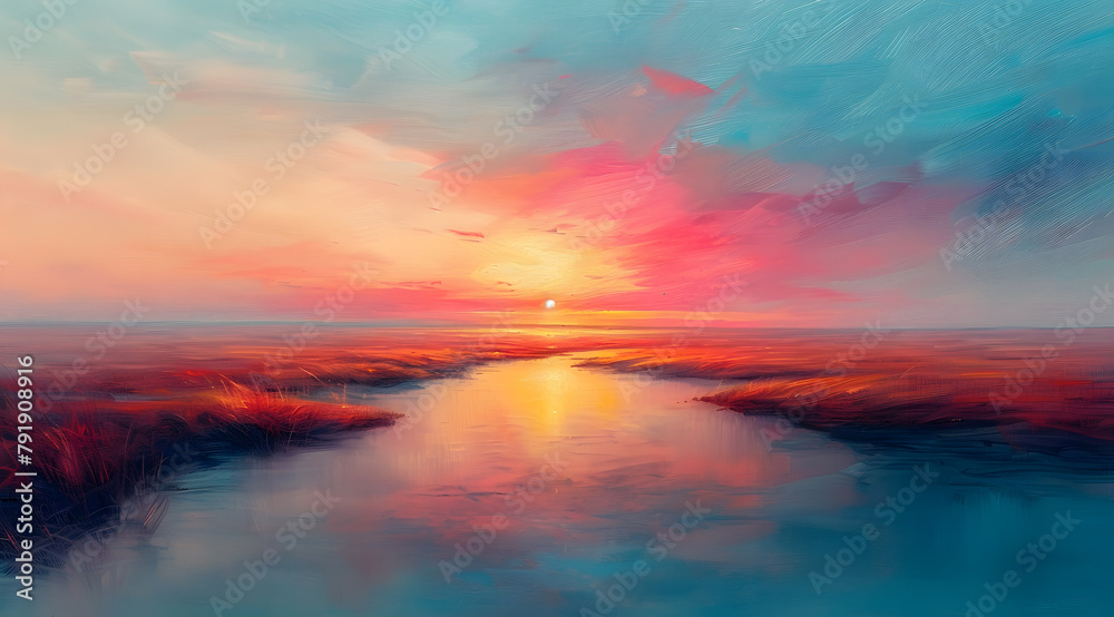 Dreamy Sunset Horizon: Oil Painting Depicting Soft Pastel Sky Fading Into Light Blue