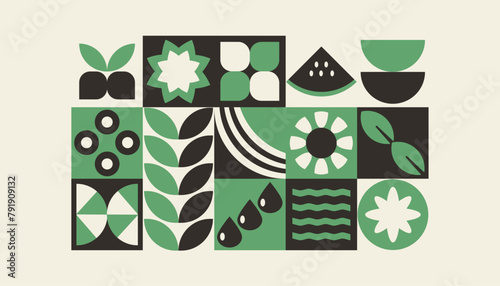 Bauhaus plants, natural geometric pattern in tiles, decorative abstract art with flowers, leaves, fruits, vegetables, banner, wallpaper