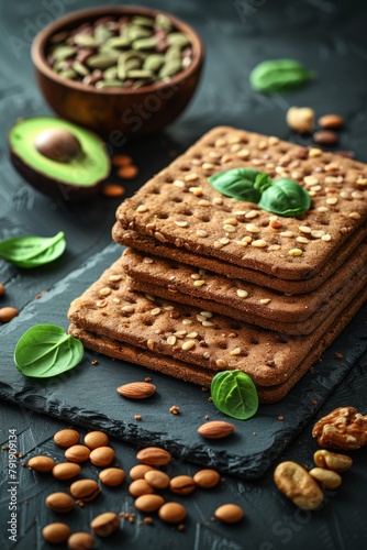 A stack of crackers with nuts, avocado and spinach on a slate, AI