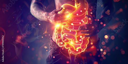 Pancreatitis: The Abdominal Pain and Digestive Issues - Imagine a person with highlighted pancreas showing inflammation, experiencing abdominal pain and digestive issues,
