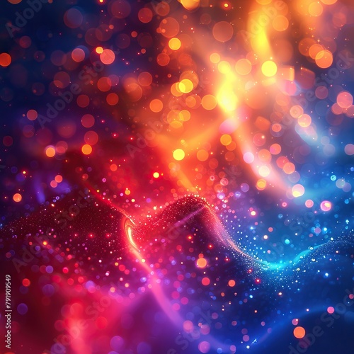 Colorful glowing particles form a wave pattern against a dark background.