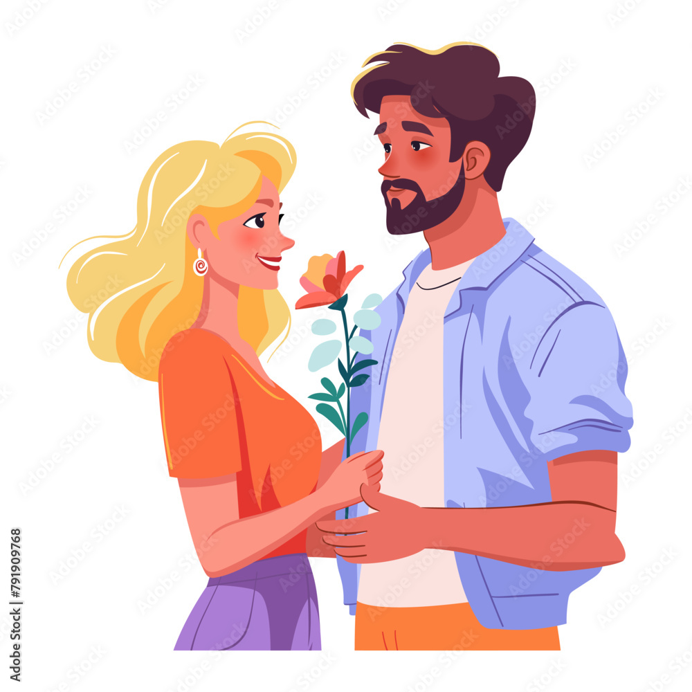 Young man gives flower to beautiful blond woman. Love and date concept. Vector flat illustration Young man gives flower to beautiful blond woman. Love and date concept. Vector flat illustration