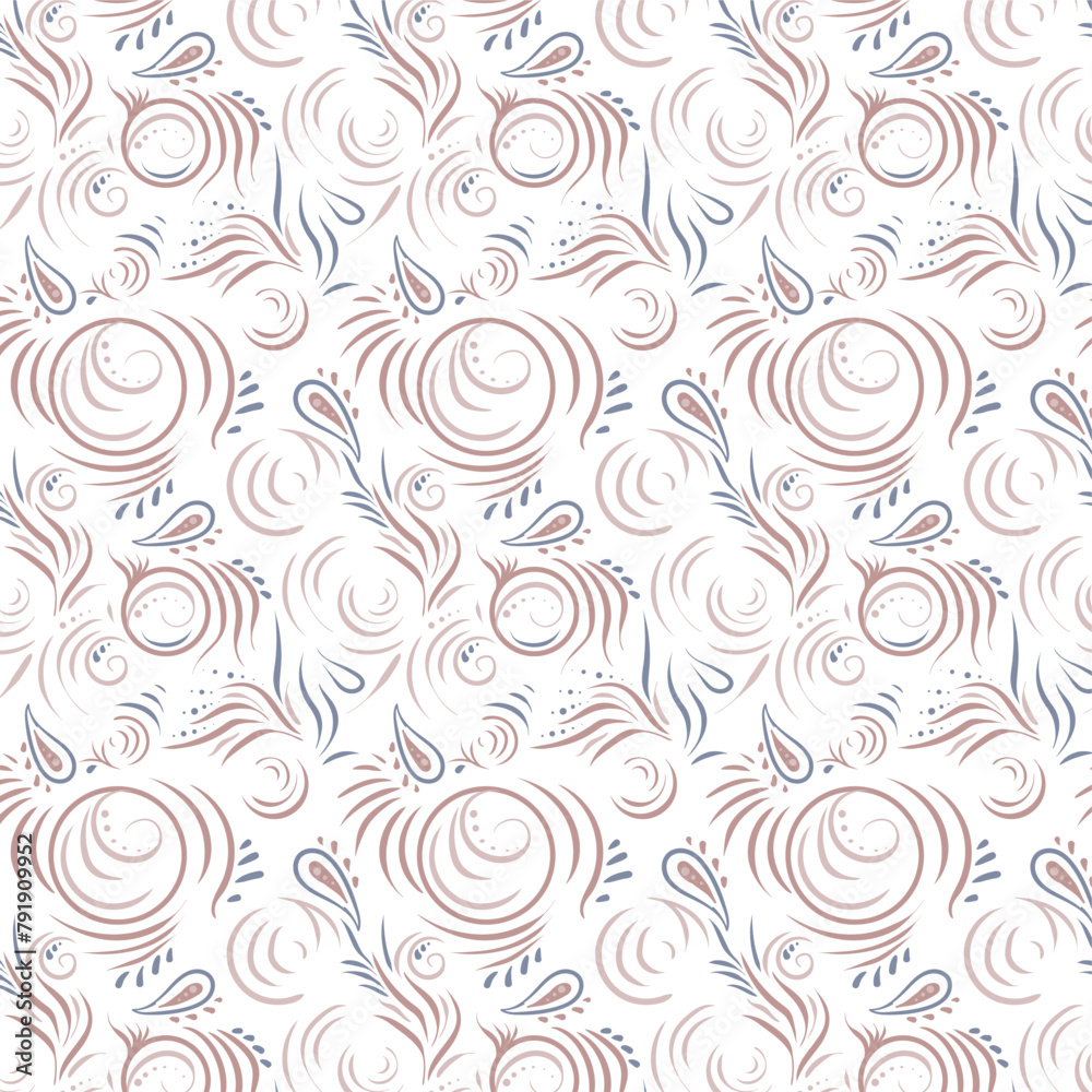 Abstract pink pattern on a white background, in boho style or traditional ornament. Seamless vector pattern with oriental and Slavic motifs. For fabrics, wrapping paper, clothing, interior decoration