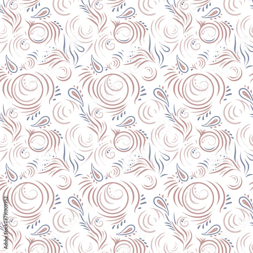 Abstract pink pattern on a white background, in boho style or traditional ornament. Seamless vector pattern with oriental and Slavic motifs. For fabrics, wrapping paper, clothing, interior decoration photo