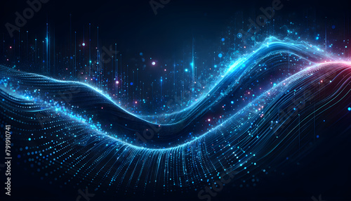  dynamic digital wave composed of particles and light streaks, illustrating themes of data flow, digital communication, network technology, and futuristic concepts