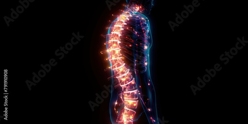 Scoliosis: The Spinal Curvature and Back Pain - Visualize a person with highlighted spine showing curvature, experiencing back pain and postural changes photo