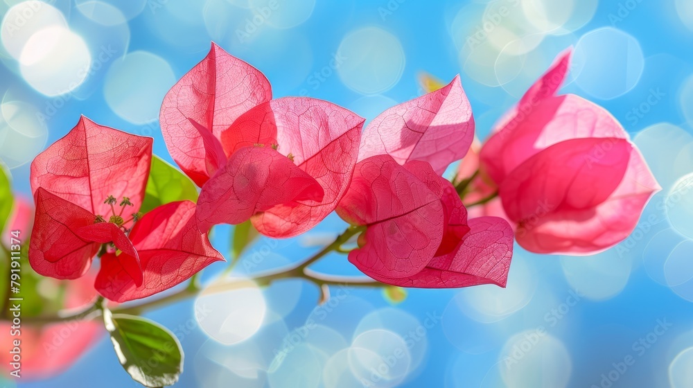   A close-up of a pink flower on a branch against a blurred backdrop of green foliage , with a blue sky in the background