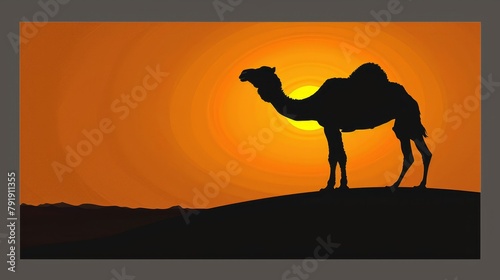   A camel silhouette stands atop a hill as the sun sets  its outline contrasting against the backdrop of the sinking sun In the foreground  another camel sil