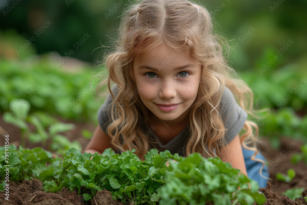 Young girl smiling surrounded by leaf vegetables on the soil surface in a garden, organic farm concept Young girl smiling surrounded by leaf vegetables on the soil surface in a garden, organic farm concept
