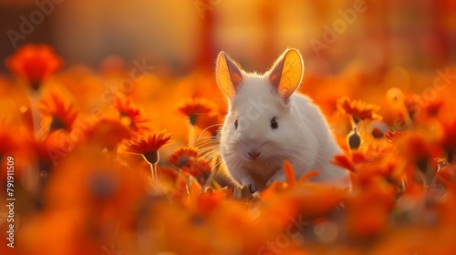  A white bunny in an orange-red flower field faces a brilliant yellow backdrop