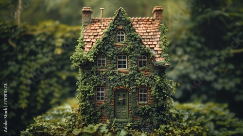   A house encased in ivy stands amidst a forest, teeming with lush greenery on its sides photo