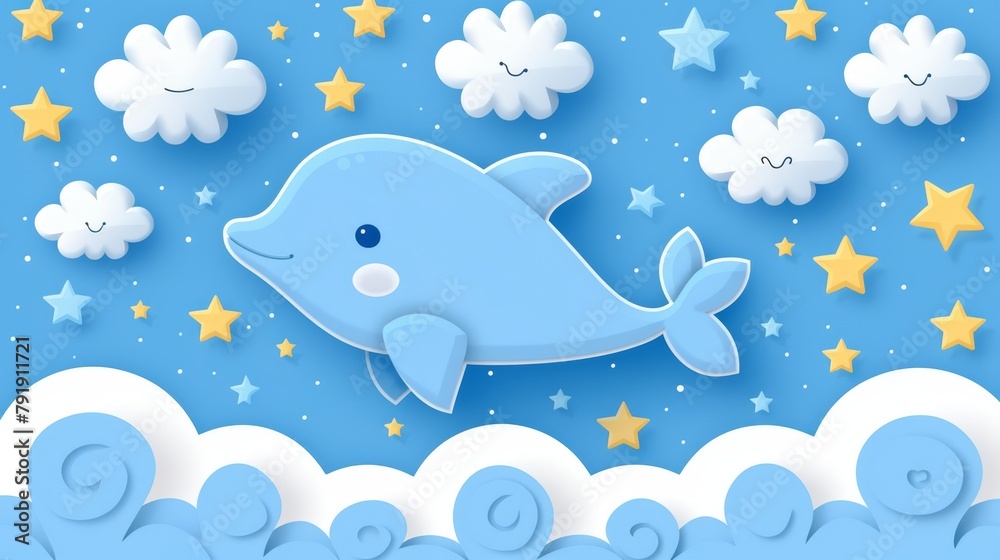 A dolphin silhouette against a star-studded sky, backdrop of clouds and blue A dolphin silhouette against a star-studded sky, backdrop of clouds and blue