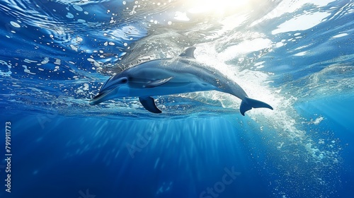   A dolphin swims in the ocean with the sun casting light on its dorsal fin and head breaking the water's surface photo