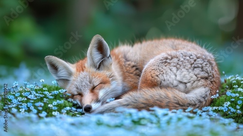  A tight shot of a baby fox asleep on a carpet of grass and blooms, its eyes concealed