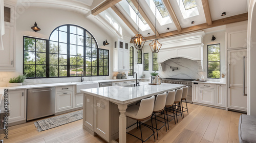large kitchen with island  white cabinets and wood floors  arched window over sink  modern pendant lights over bar stools on open plan island in center of room  single skylight  light brown walls and 