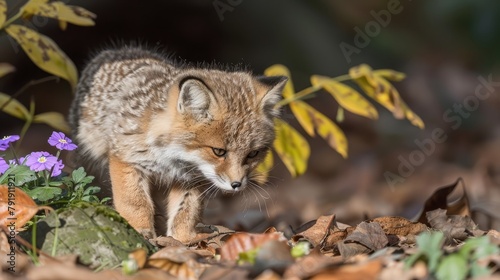  A small animal traverses a forest floor adorned with leaves, purple and yellow flowers atop