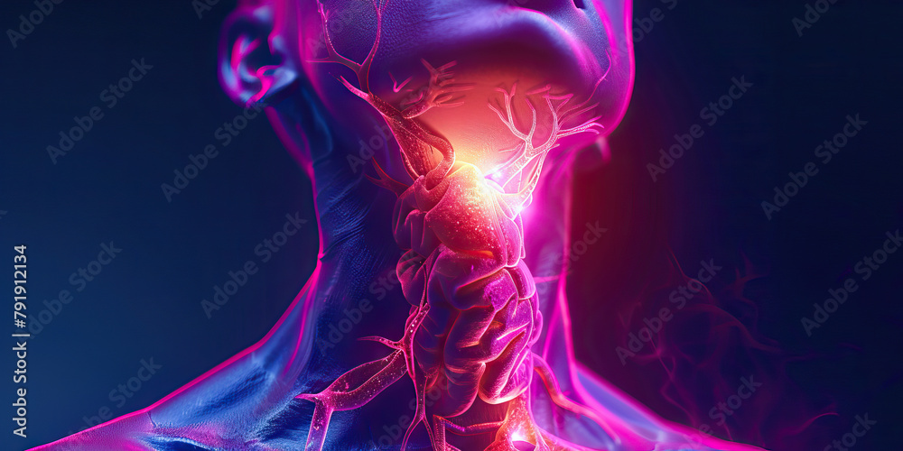 Thyroid Nodules: The Neck Lump and Hoarseness - Imagine a person with highlighted thyroid gland showing nodules, experiencing a neck lump and hoarseness Thyroid Nodules: The Neck Lump and Hoarseness - Imagine a person with highlighted thyroid gland showing nodules, experiencing a neck lump and hoarseness