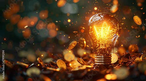 Glowing light bulb surrounded by flying coins captures the concept of profitable ideas. photo