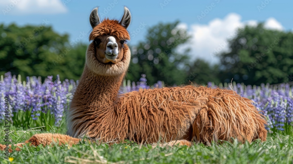 Obraz premium A tight shot of a llama reclining in a meadow of green grass and vibrant purple flowers, with trees forming a backdrop
