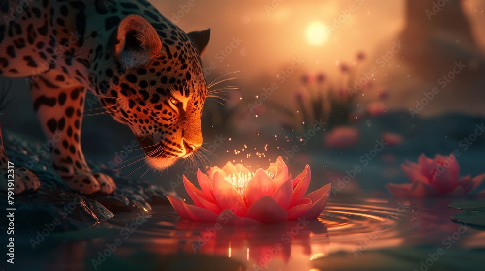 A tight shot of a cat gazing at a nearby flower in front of a tranquil body of water The backdrop consists entirely of the mirrored surface and expanse of the A tight shot of a cat gazing at a nearby flower in front of a tranquil body of water The backdrop consists entirely of the mirrored surface and expanse of the