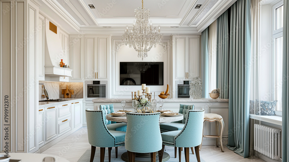 An elegant dining room with an island table and chairs, the marble top in a light grey color, in the style of baroque, white walls, turquoise curtains, vintage accessories on the wall