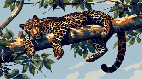   A leopard reclines on a tree branch, its head cradled by the branch of a grand tree photo