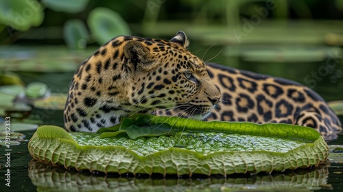   A tight shot of a cat atop a water lily  nestled in a tranquil body of water teeming with lily pads